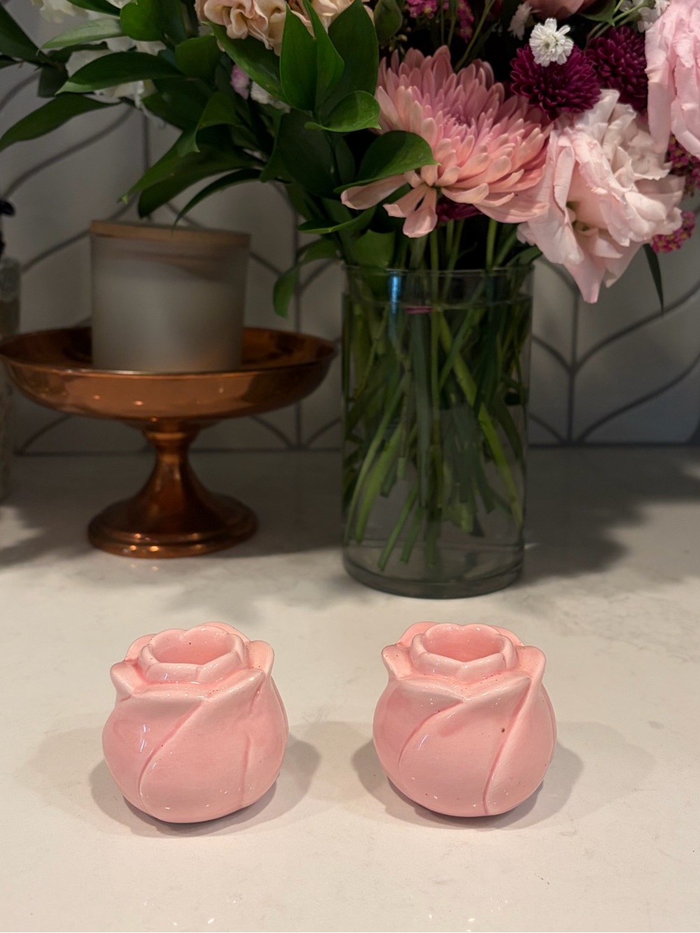 Pair of Pink Rose Ceramic Taper Candle Holders